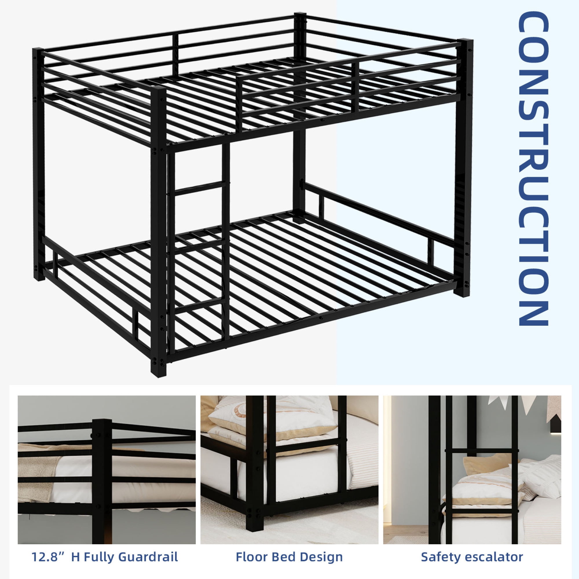 Metal Twin over Twin Bunk Bed with Ladder and Safety Guardrails, Heavy Duty Bunk Bedframe for Kids Teens Adults, Low Bunk Beds for Boys Girls, Noise Free