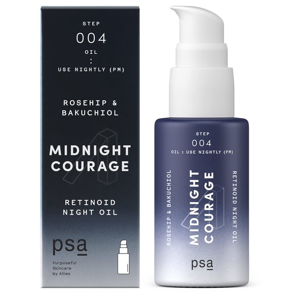 PSA MIDNIGHT COURAGE Aceite de noche con retinoide de rosa mosqueta y bakuchiol. Aceite facial para rutina de cuidado de la piel nocturna con 2% de complejo de retinoides orgánicos de rosa mosqueta y