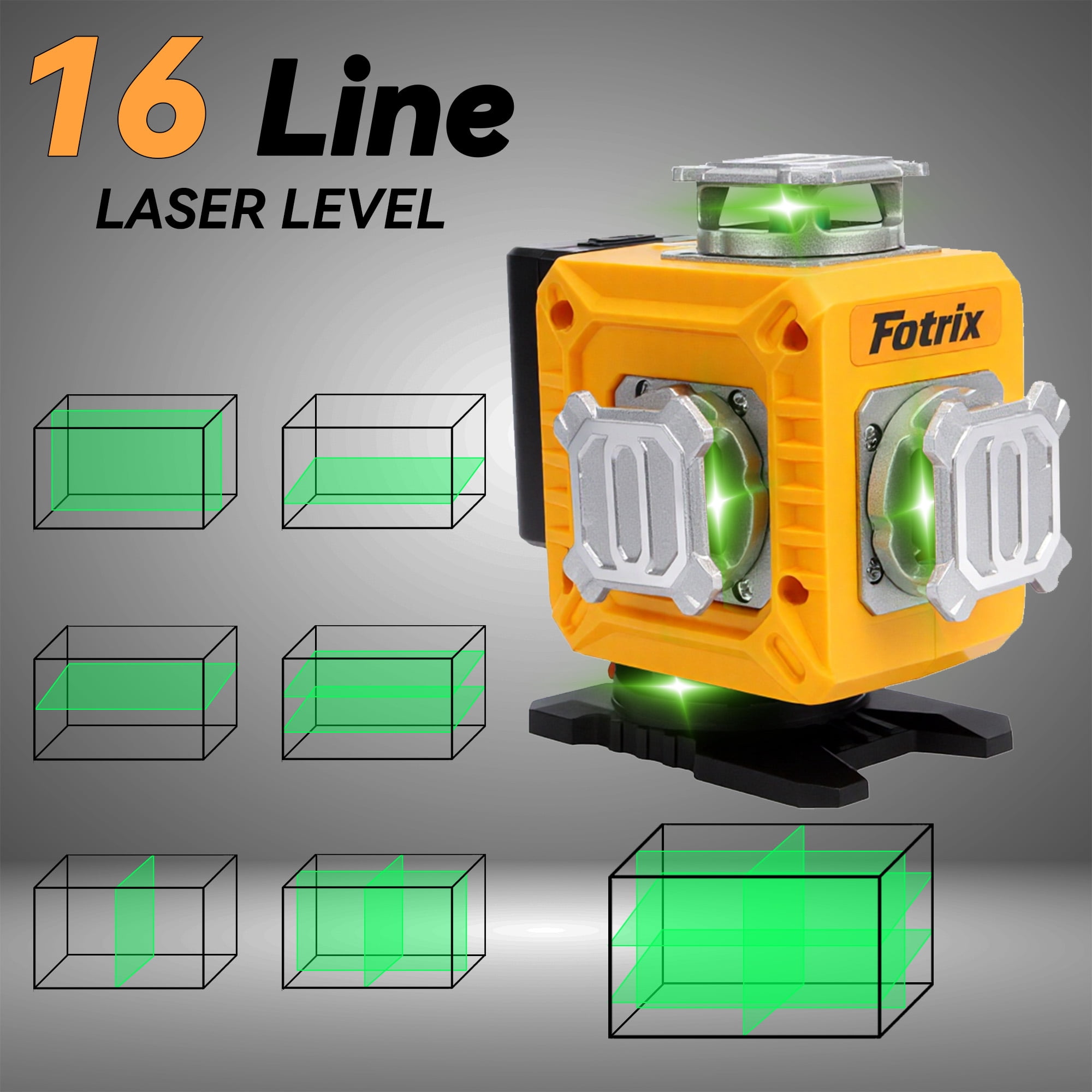 Fotirx Professional grade 16-wire 4D green laser level, 4 x 360° Green Laser Coverage, Bright Green Laser with High Accuracy, Self-Leveling & Pulse Mode, Dual 2000mAh Rechargeable Batteries