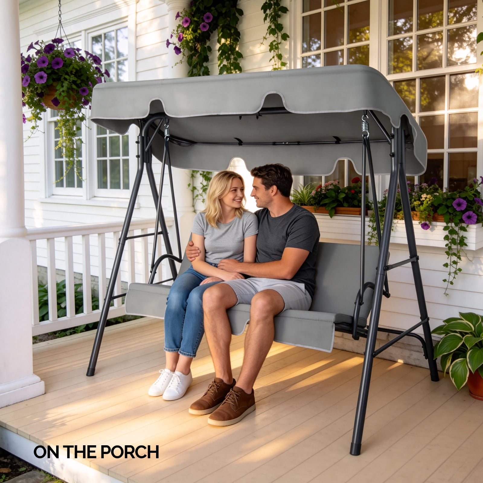 Outdoor Swing Set with Canopy & Cushion 250KG Weight Capacity Steel Frame Oxford Cloth Patio Swing for Garden Backyard Balcony