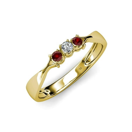 

Red Garnet and Diamond (SI2-I1 G-H) Three Stone Ring 0.18 ct tw in 14K Yellow Gold.size 6.5