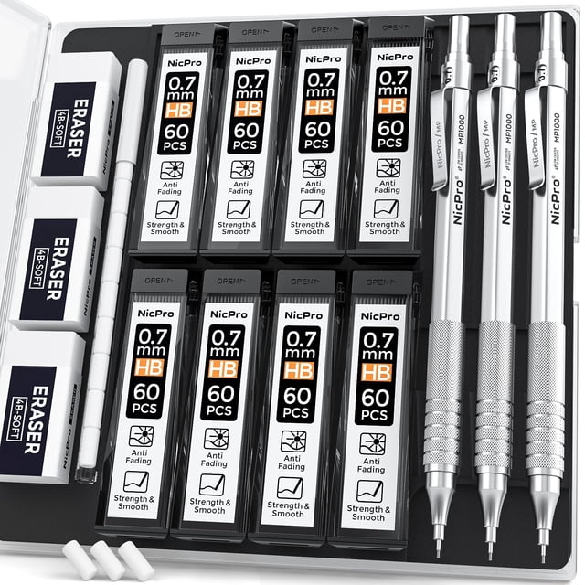 Set de lápices mecánicos Nicpro MP1000 de 0,7 mm con funda y recambios
