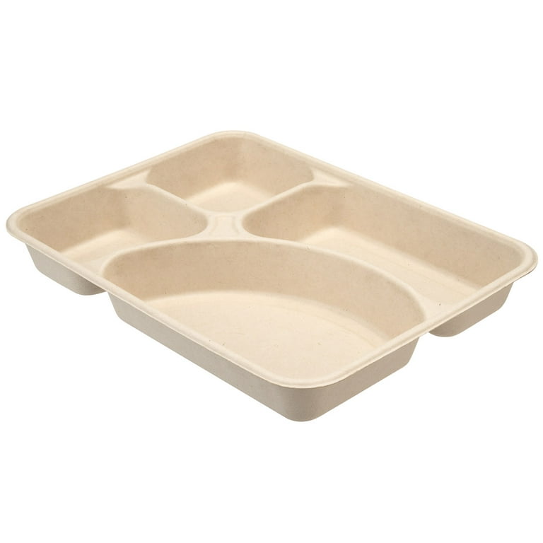 Pulp Tek 43 oz Rectangle Natural Sugarcane / Bagasse To Go Tray -  4-Compartment - 11 x 8 1/2 x 1 1/2 - 100 count box