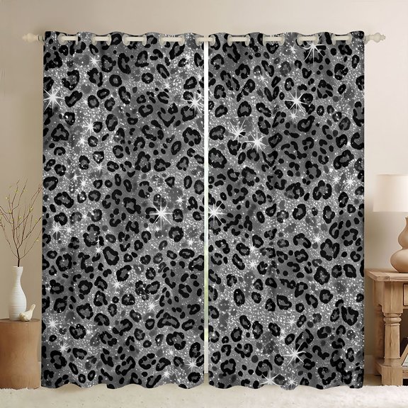 Homewish Gray Leopard Print Kitchen Curtains for Girls, Animal Themed Black Out Curtains Pack of 2 (42x63 Each)