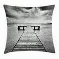 thumbnail image 1 of Black and White Decorations Throw Pillow Cushion Cover, Old Wooden Pier on Sea Dramatic Sky Heavy Clouds Rainy Weather, Decorative Square Accent Pillow Case, 24 X 24 Inches, Black White, by Ambesonne, 1 of 2