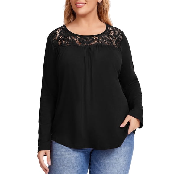 Women Plus Size Lace Pleated Shirt Round Neck Short Sleeve Loose Blouse Summer Casual Tunic Top Long Sleeve Black XL