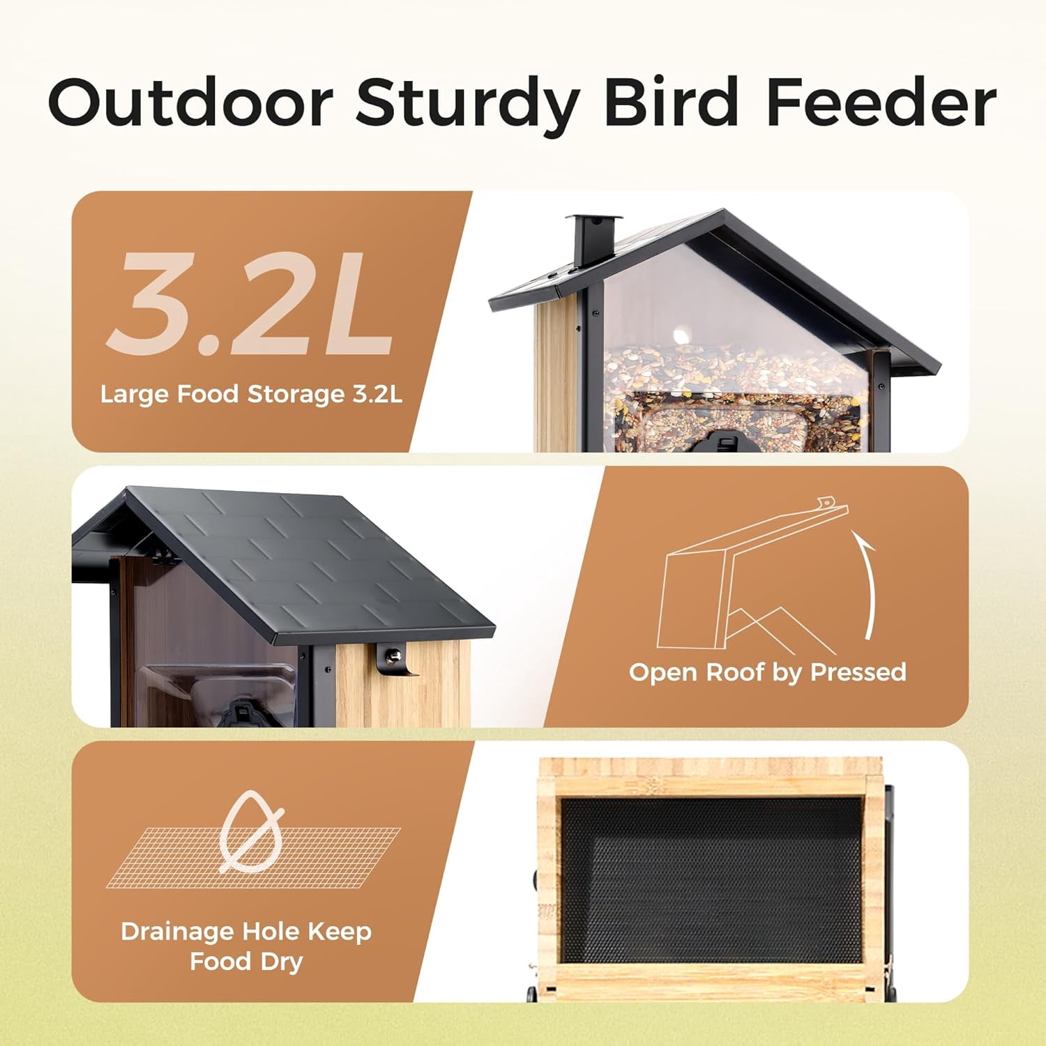 TT Nature Smart Bamboo Bird Feeder with Camera, Solar Powered, 3.2L Squirrel-Proof Video, AI Recognition Alerts, Bird Lover Gift