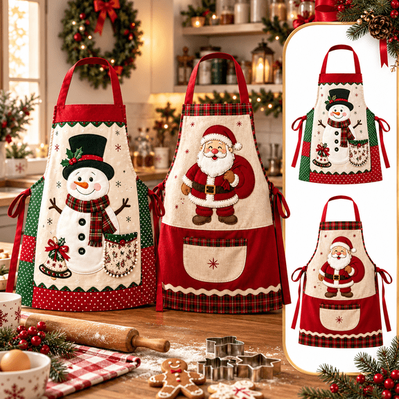 Christmas Quilted Apron with Adjustable Neck Loop, Front Pocket and Side Ties, Festive Holiday Cooking Apron for Kitchen, Baking and Parties 33.46 x 19.69in