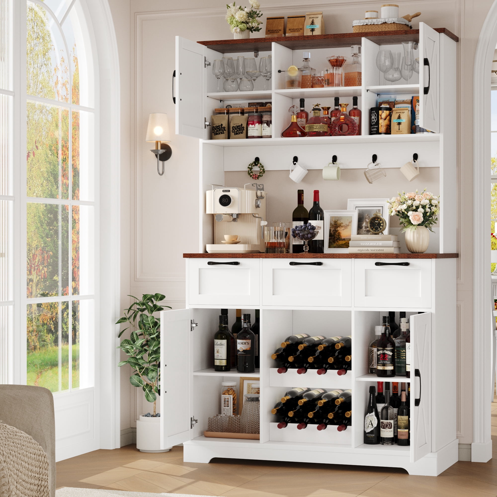 Homfa 71'' Tall Wine Bar Cabinet with Storage Hutch & 3 Drawers, Farmhouse Coffee Bar Cabinet Wine Rack with Adjustable Shelves for Kitchen Dining Room, White