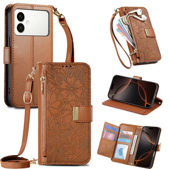 Funda tipo cartera de piel sintética FOXDOCK para Samsung Galaxy S26 Edge – Resistente a golpes y a las interferencias RFID – Correa de mano larga marrón