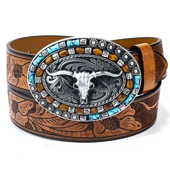 TELOLY 2026 New Western Belt for Women Men Cowboys Cowgirls Carving Leather Country Belts Bullhead Buckles for Rodeo,Western,Casual,Festival