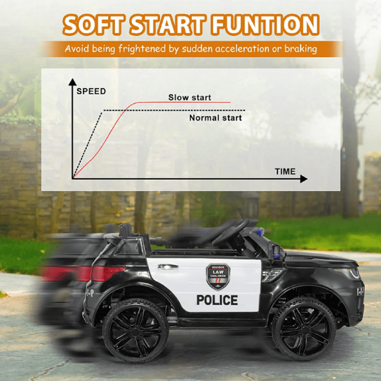 Jaxpety 12V Police Car Ride On with Remote Control Real Megaphone Music LED Siren Bluetooth Age 3 8 Child Black
