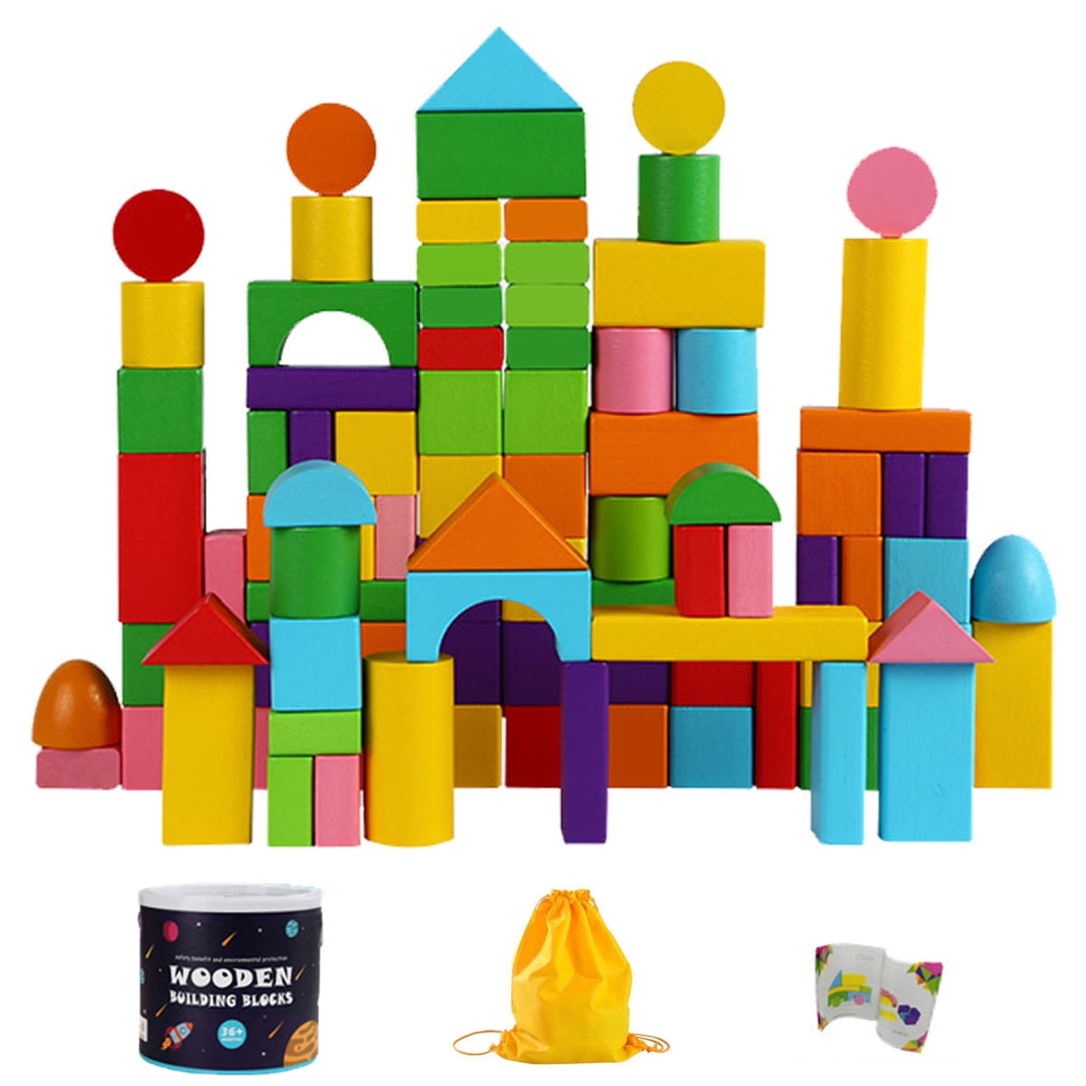 100 Pieces Wooden Blocks for Toddler, Multi-Colore Wooden Building Blocks in 7 Colors & 6 Shapes with Storage Box, Educational Assembly Construction Building Toys Stacking Game for Kids Boys and Girls