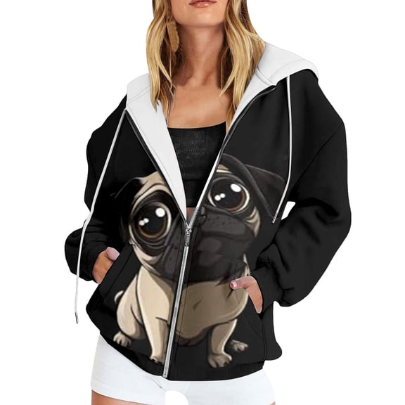 Arlun Full Zip up Hoodies for Women Trendy Colorful Graphic Print Sweatshirts for Fall Winter Spring Streetwear Long Sleeve Loose Oversized Tops with Pockets 19-Black XS