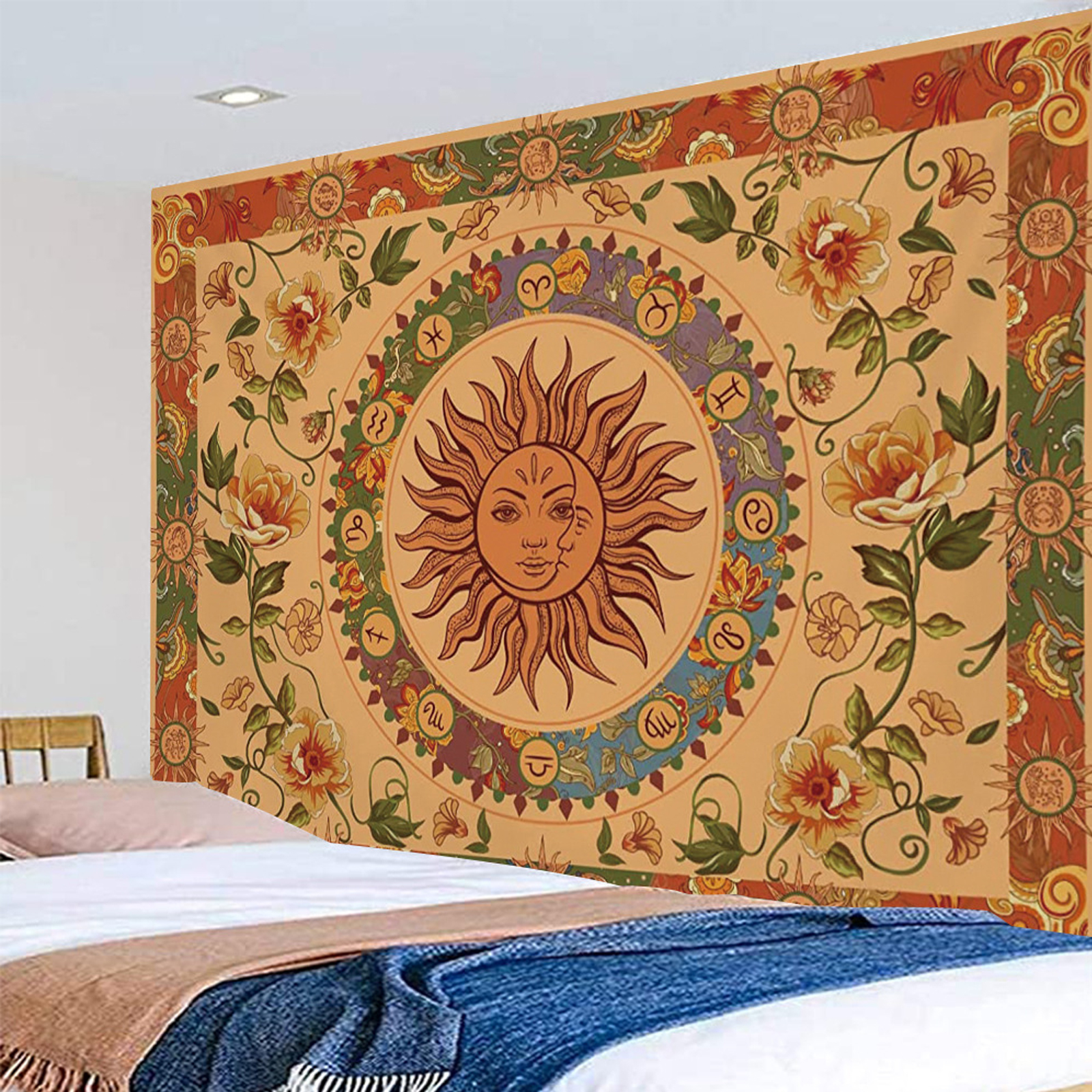 Yellow Sun and Moon Tapestry Hippie Indie Tapestries Boho Orange