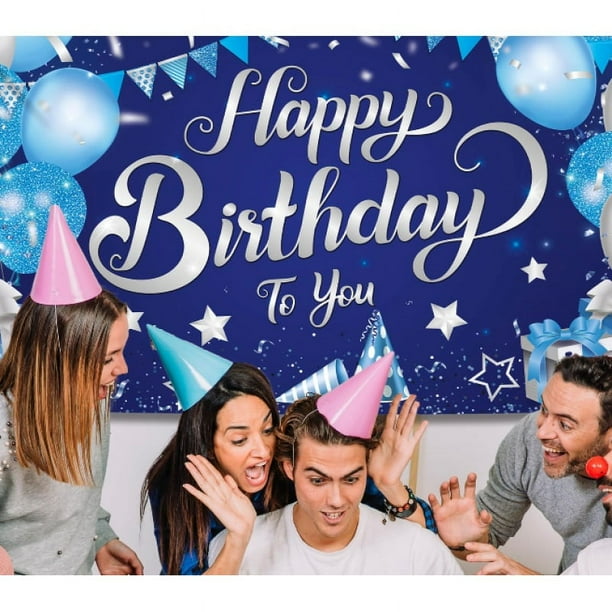 Fondo de feliz cumpleaños plateado y azul, 2x44 pulgadas, pancarta de feliz cumpleaños para hombres, pancarta de cumpleaños azul, decoraciones felices