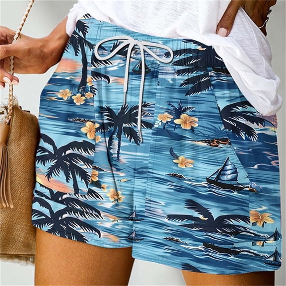 Sentmoon Women's Shorts Elastic High Waist Drawstring Loose Fit Swim Shorts Tropical Print Pockets Wide Leg Running Shorts Comfy Lady for Summer Weekend Outings Multicolor XL