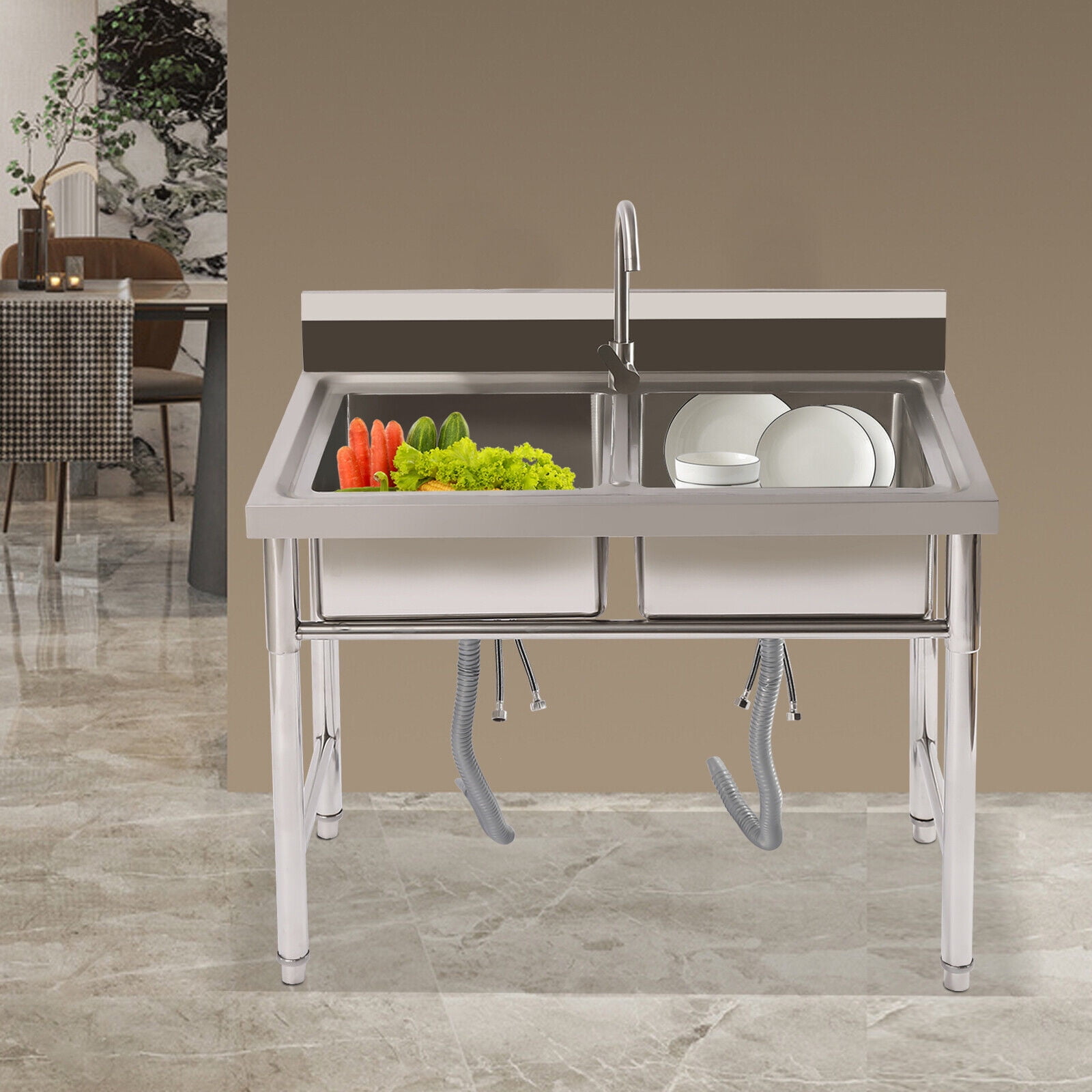 2 Sinks Commercial Restaurant Utility Kitchen Sink Double Compartment Stainless Steel