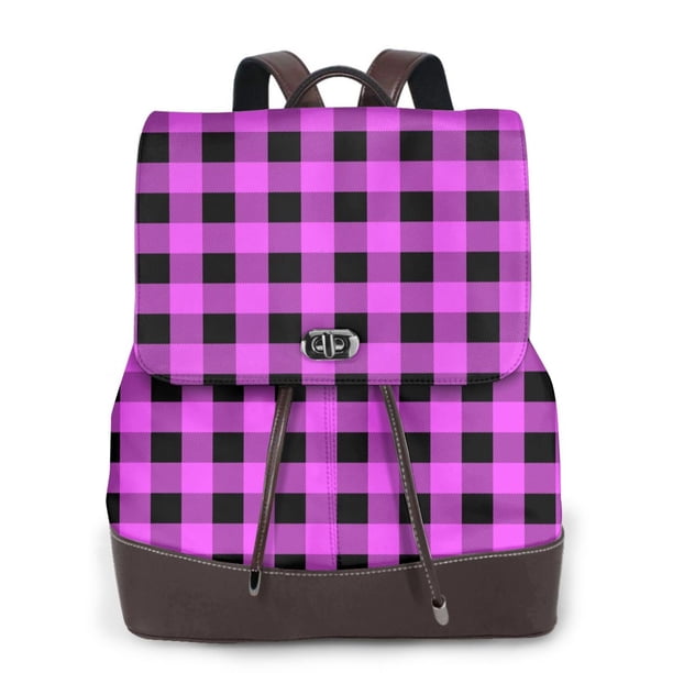 Balery Purple Black Buffalo Plaid Mochila de Cuero para Mujeres, Gran Capacidad, Bolsa de Viaje Multifuncional, Mochila de Cuero y Bolsa de Hombro para Mujeres