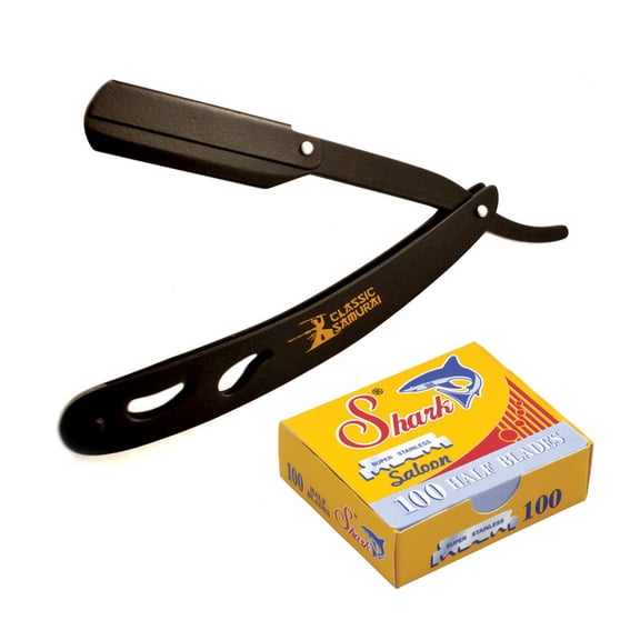 Classic Samurai CS-102 Matte Black Folding Professional Straight Razor, Shavette, w/ 100 Count Shark Single Edge Blades