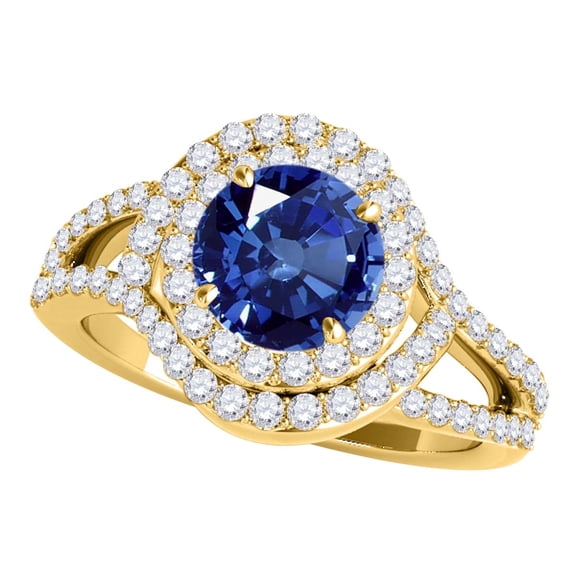 Mauli Jewels 1.60 Carat Sapphire and Diamond Ring for Women – Halo Engagement Ring in 14K Yellow Gold, 4-Prong Setting