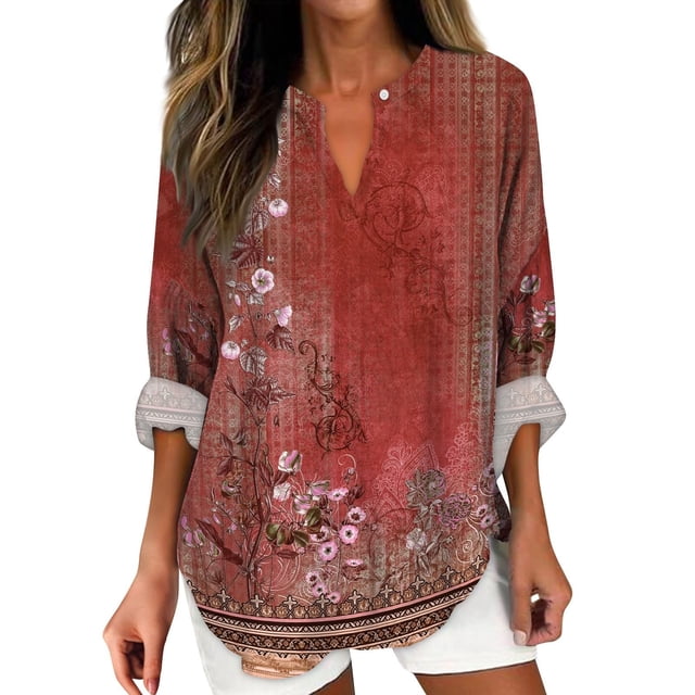WEAIXIMIUNG Womens T-Shirts Graphic Tees Funny Adult Humor Women Vintage Floral Print V Neck Long Sleeve Casual Shirt Top