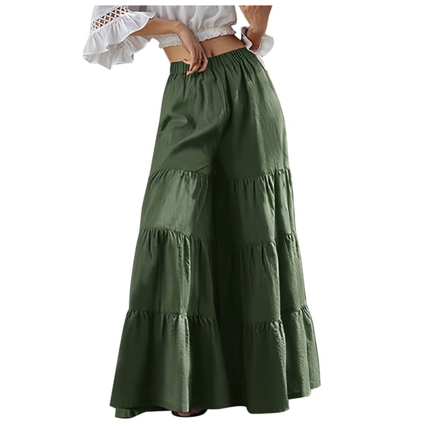 Pantalones anchos con volantes en el bajo para mujer - Cintura elástica, estilo boho palazzo fluido, ropa informal/para exterior - Tallas XL-XXXXXL