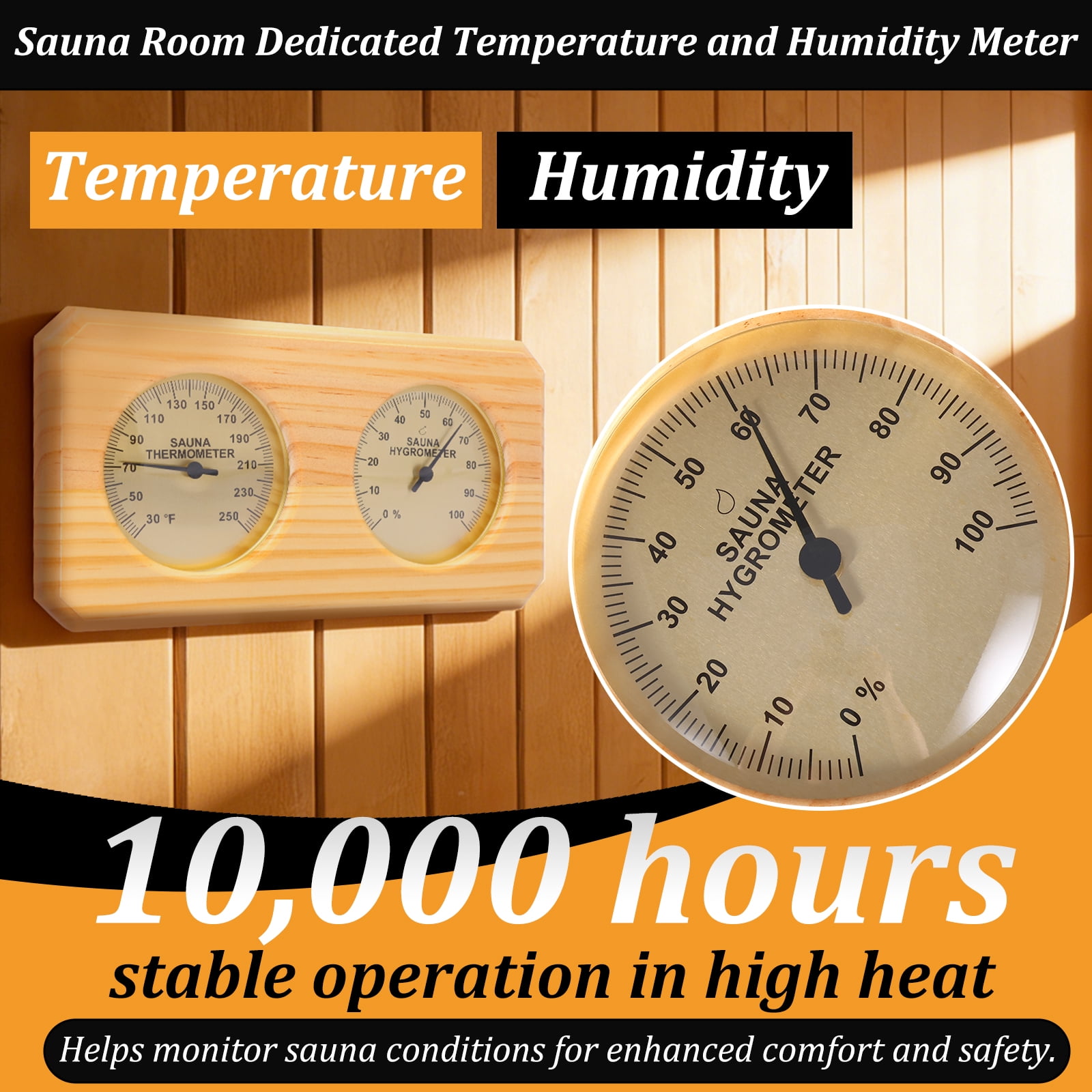 2 in 1 Sauna Thermometer and Hygrometer Wall Mount Design Dual Temperature and Humidity Gauge Split Dial Design for Sauna Room