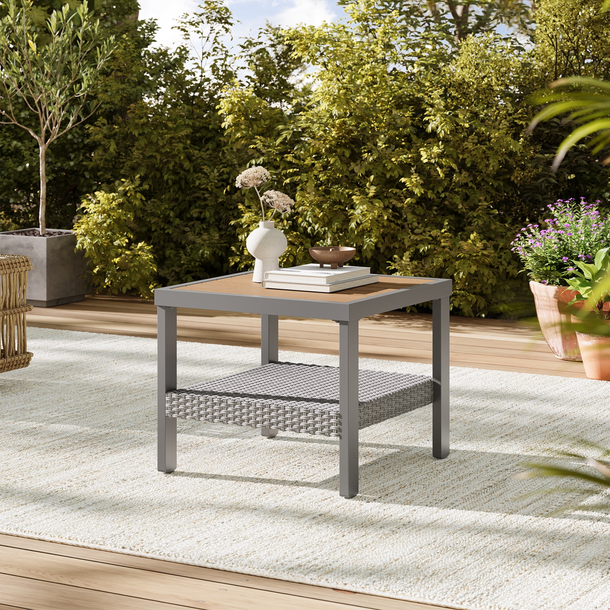 Songmics Home Sencillo Collection Patio Side Table, Transitional Style, Steel & Faux Wood and Wicker