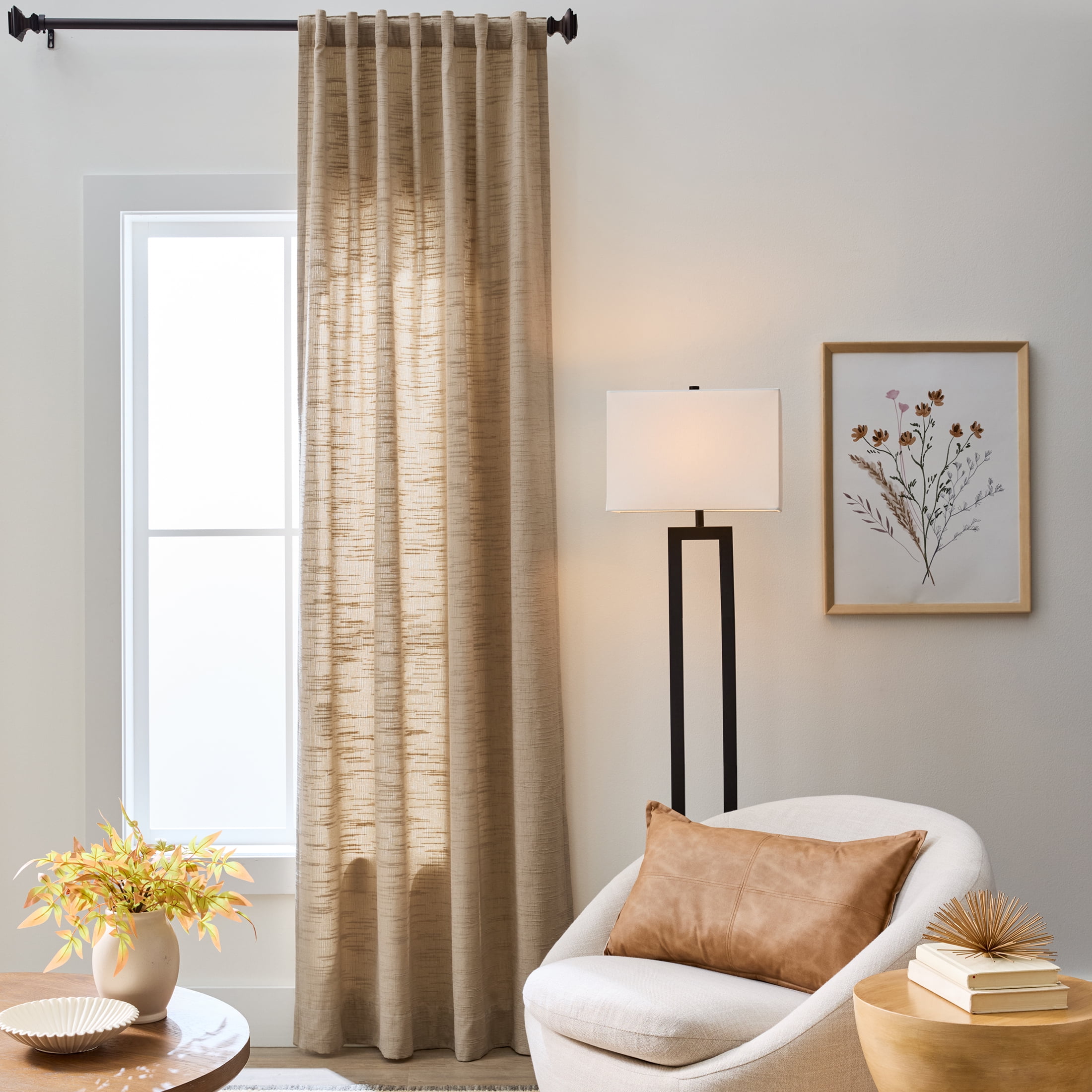 Better Homes & Gardens Textured Solid Chenille Light Filtering Single Curtain Panel, Beige, 50"W x 95"L