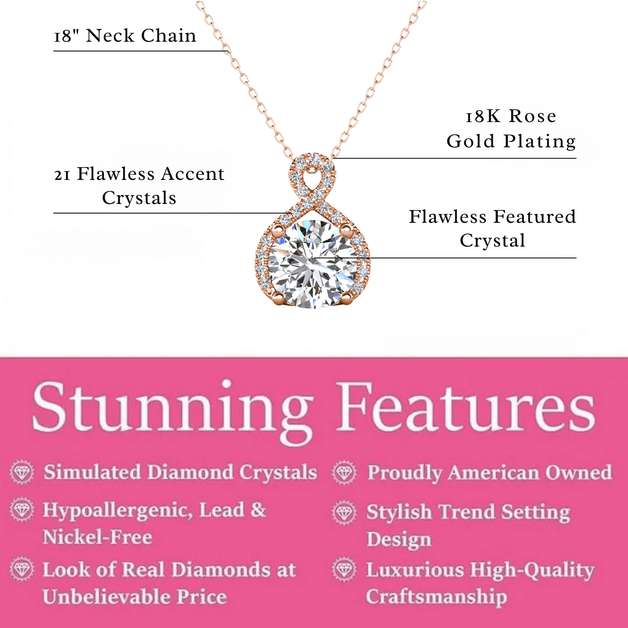 Cate & Chloe Alessandra 18k Rose Gold Plated Necklace with Simulated Diamond Crystals for Women