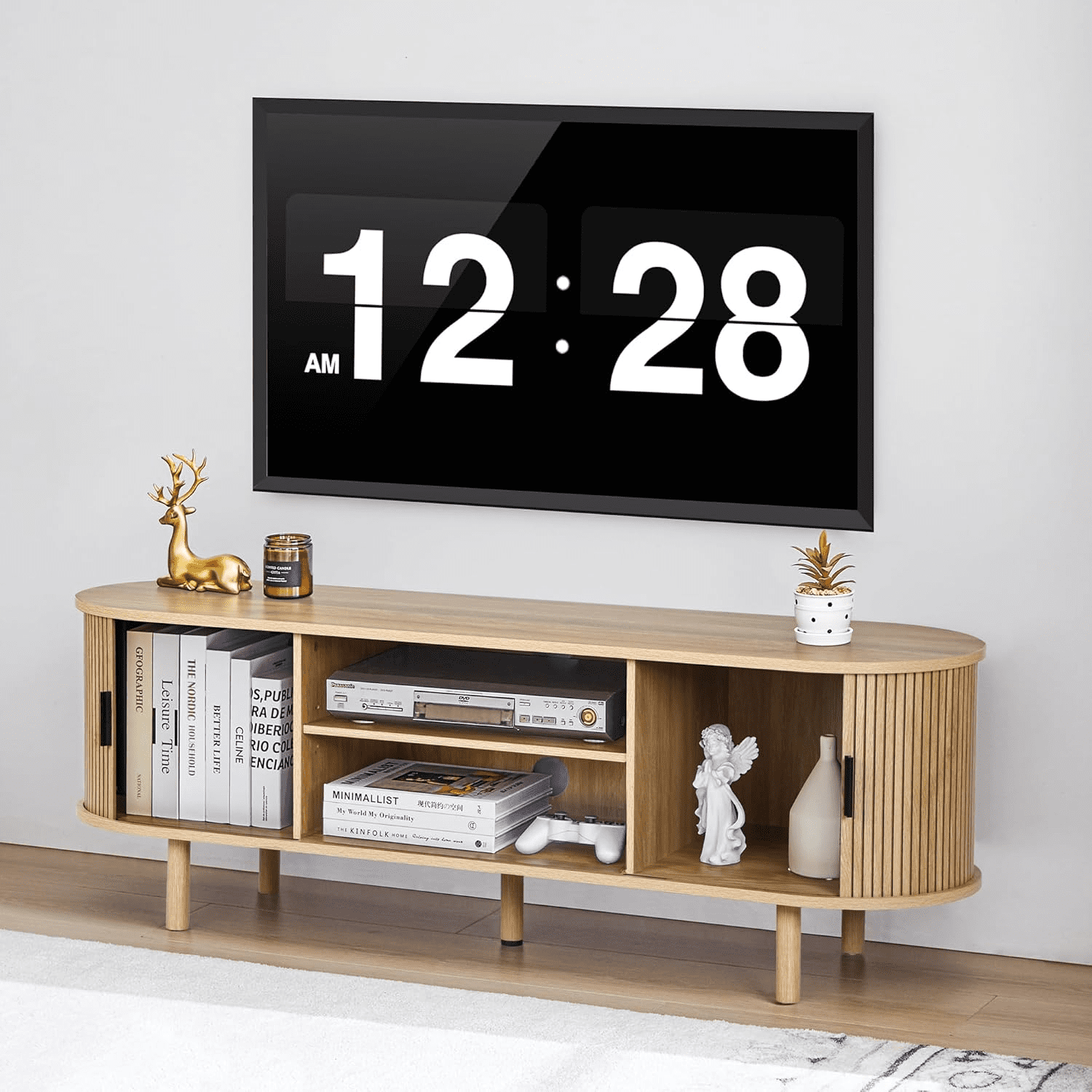LEFHDA Tambour Door TV Stand, Mid Century Modern TV Cabinet and Entertainment Center, Modern TV Console Table for 65“ TV, Curved Edge Storage Cabinet (54" Oak)