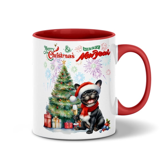 Merry Christmas and Happy New Year Santa French Bulldog Holiday Xmas Winter 2025 11oz Accent Two-tone Mug Dog Lover Gifts Coffee Tea Cup - 00024
