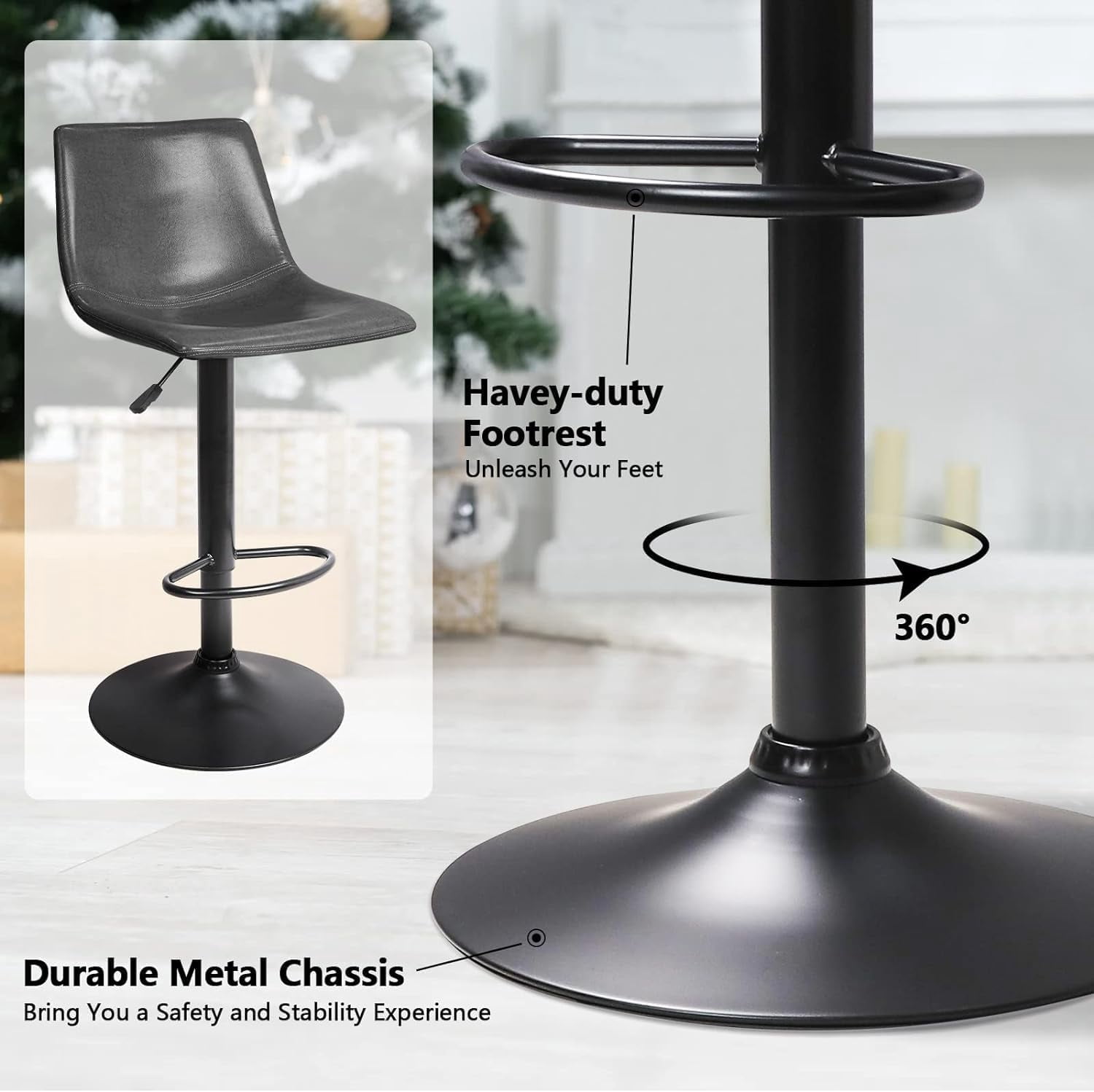 Vitesse Bar Stools Set of 4 Modern Swivel Bar Chairs, Barstools Counter Height with High Backrest, Adjustable Faux Leather Upholstered Bar Stool for Bar, Kitchen, Dining Room