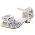 thumbnail image 3 of Viluyesy Girls Summer Pearl Bow Sandals - Kids High Heels Princess Dress Shoes Crystal Wedding Party Pageant Sparkly Mid-Large Size 4-12Y Silver Size 1 M, 3 of 7