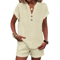 thumbnail image 4 of NMMUED Women 2 Piece Linen Lounge Sets Summer Casual Henley Shirts Short Pajama Set Beach Vacation Clothes Airport Outfits Matching Set Women Beige S, 4 of 5