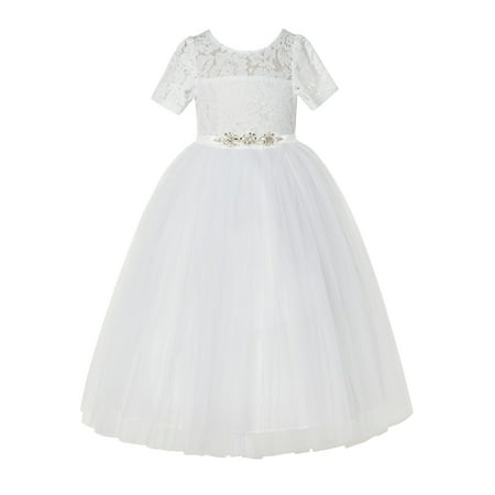 

Ivory Floral Lace Tulle Flower Girl Dresses Christening Gown LG2R4