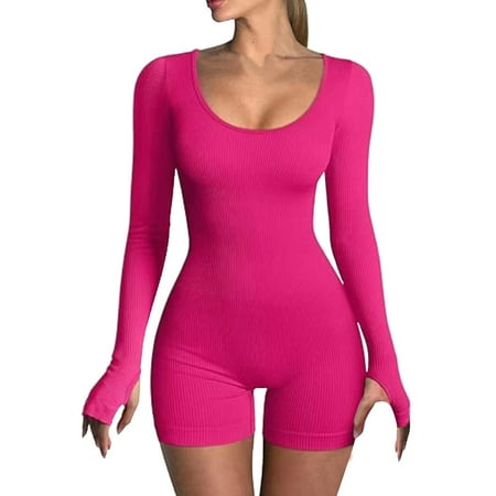 DVKOVI Womens Yoga Jumpsuit Solid Color Ribbed Workout Long Sleeve Crew Neck Sports Jumpsuit Shorts Yoga Rompers Ribbed Body Shaper Hot Pink M