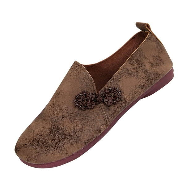 KEGIRLOM Women Casual Versatile Eye-Catching Lightweight Shallow Mouth Large Size Flat Bottomed Round Toe Soft Leather Low Top Loafers Brown Size 9.5