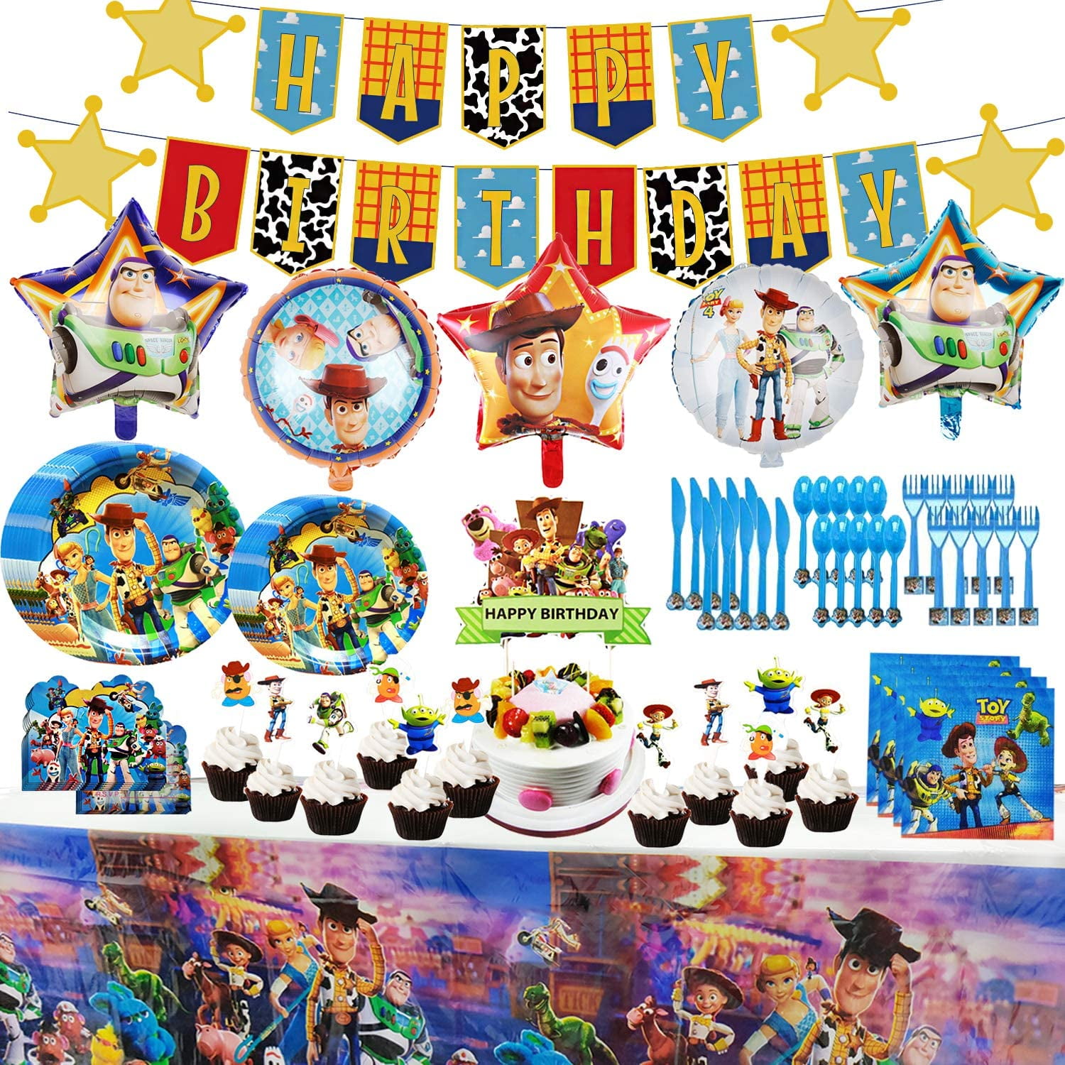 Toy Game Story Party Supplies Set,Toy Game Story Party Decorations,Happy Birthday Banner Balloons,Cake Topper,Toy Story Cupcake Toppers For Toy Game Story Birthady Party Supplies 