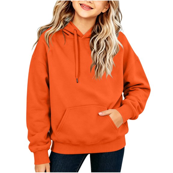FAVIPT Girls Hooded Sweatshirt with Drawstring Long Sleeve Pullover Lightweight Hoodies Casual Solid Color Cute Fall Basic Tops Orange,7-8Years