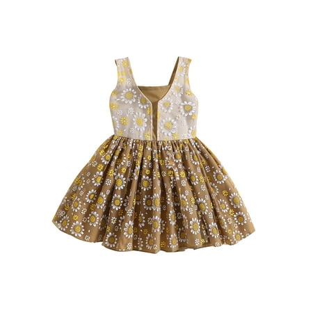 

Toddler Baby Girl’s Summer Dress Kids Sleeveless Flower Print Pleated Patchwork A-line Dress Khaki