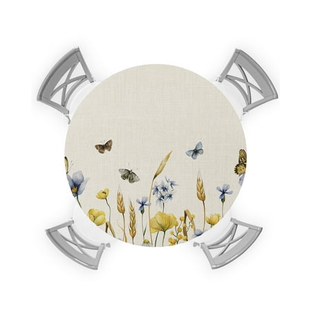 

Round Tablecloth with Elastic Vintage Ombre Blue Yellow Flowers with Butterfly Waterproof Stain-proof Table Cover Wipeable Fitted Table Cloths for 45 -54 Round Tables Dining Kitchen