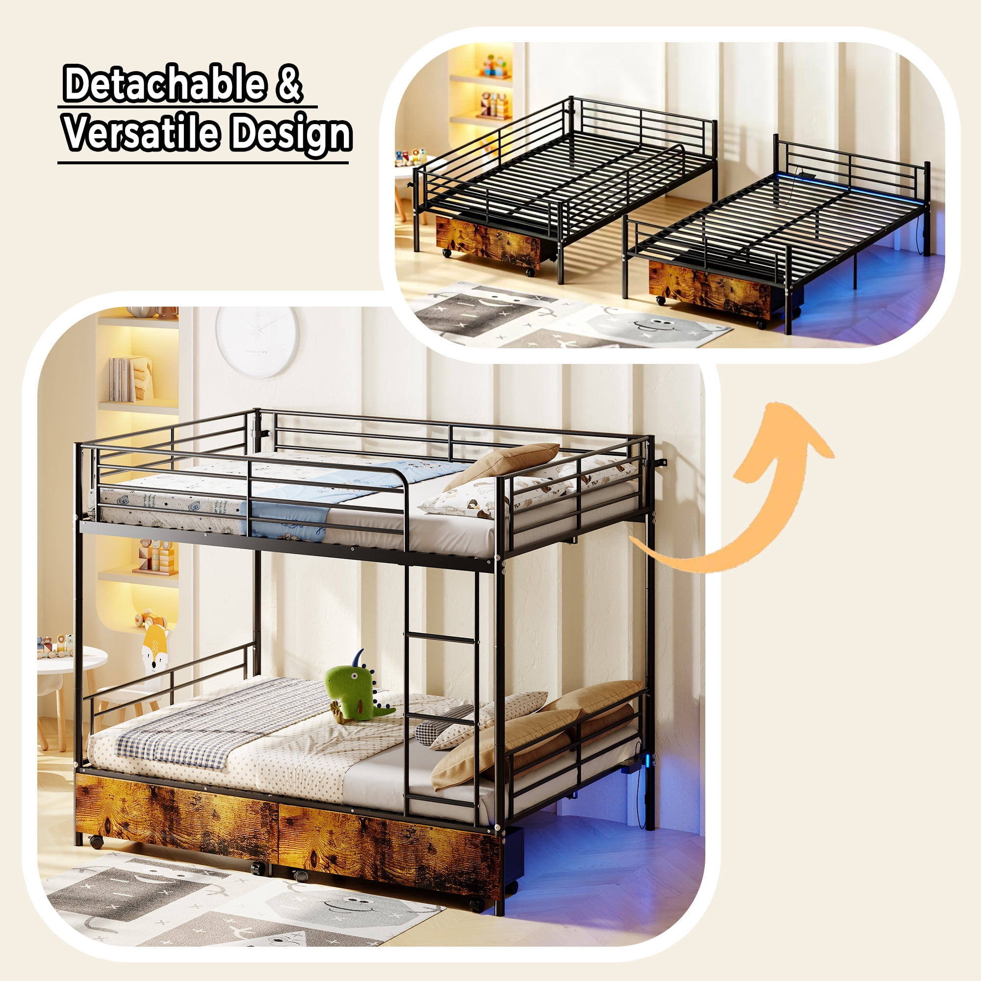 Leumius Twin Over Twin Metal Bunk Bed with USB Charging Station,Able to Split into 2 Twin Beds,Metal Bunk Bed with Safety Guardrail & Ladder,No Box Spring Needed,Black