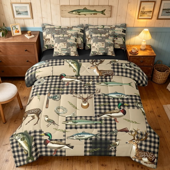 Manfei Farmhouse Deer Duck Twin Bedding, Vintage Fishing Bedding Comforter Set, Brown, Black Reversible, 7 Pieces