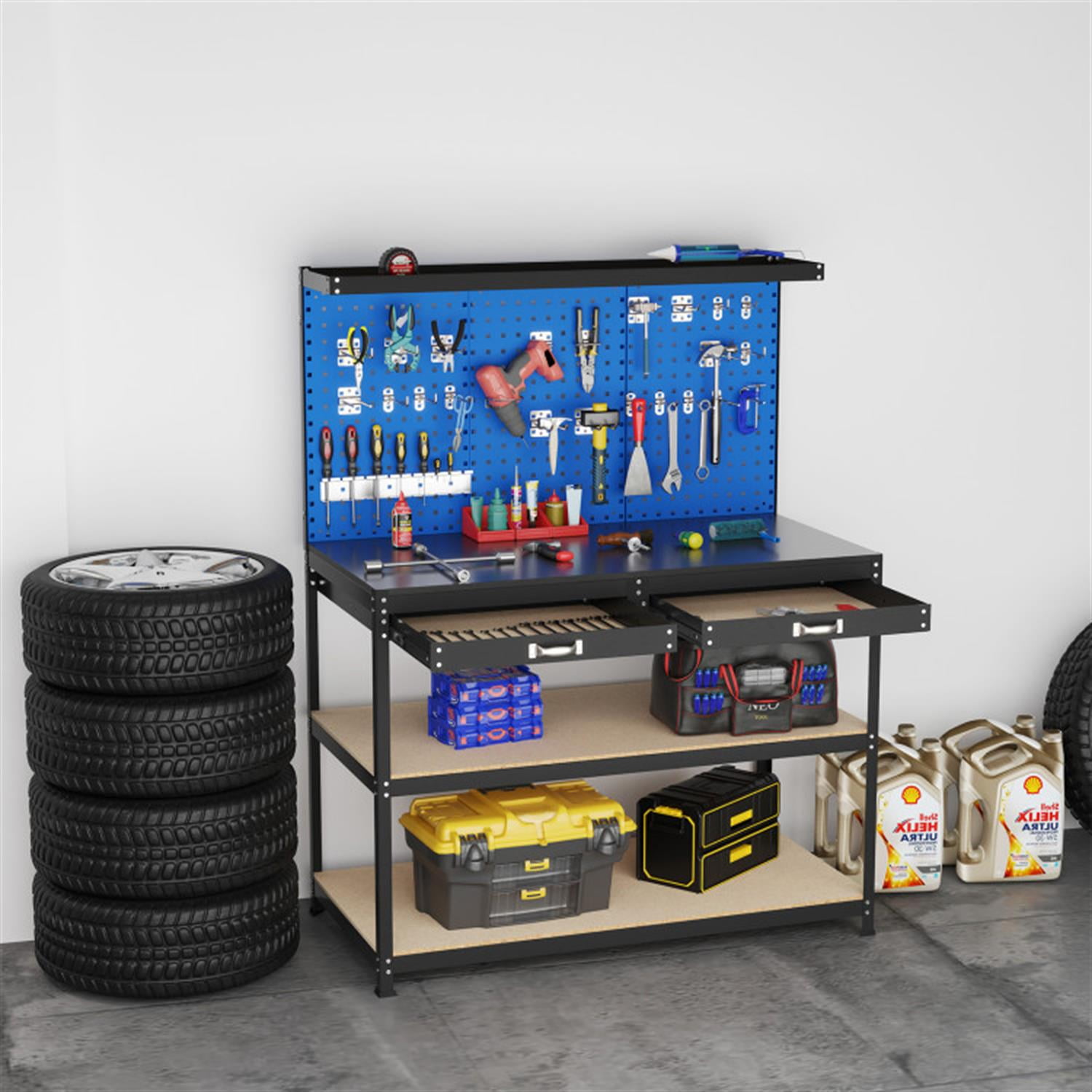 Demi Bonn 48" x 24" Workbench Work Table with 2 PCs Pegboard Drawer and Shelves, 4-Tier Heavy Duty Metal Tool Storage Bench for Garage, Workshop, Blue