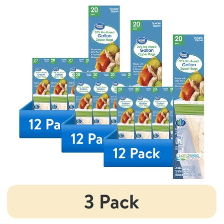 (3 pack) Great Value Reclosable Gallon Bags, Made with Bio-Based Materials, 20 Count