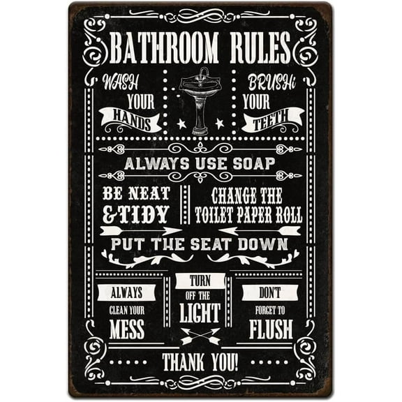 1pc Bathroom Rules Metal Sign 8x12 inch(20x30cm) Vintage Metal Tin Sign Funny Toilet Wall Art Poster Black Bathroom Quotes Signs for DIY Women Men Toilet Washroom Restroom Wall Home Decor