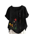 thumbnail image 2 of Pincandy Women Fashion Casual Linen Top Printed Short Sleeve Button T-shirt Blouse Top,Black,2XL, 2 of 4