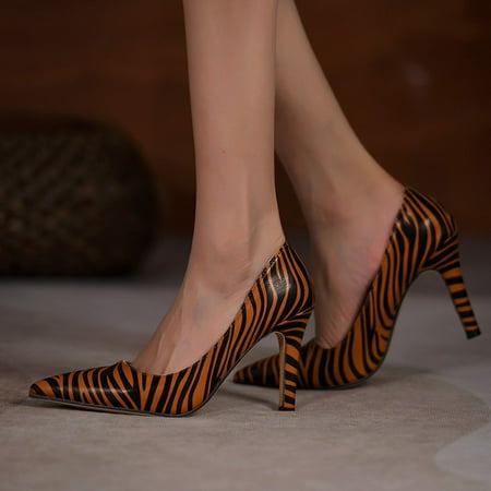 

Women s Slip On Casual Patent Pointed Toe Office Spool High Heel Pumps Zebra Print Shoes 9.5cm